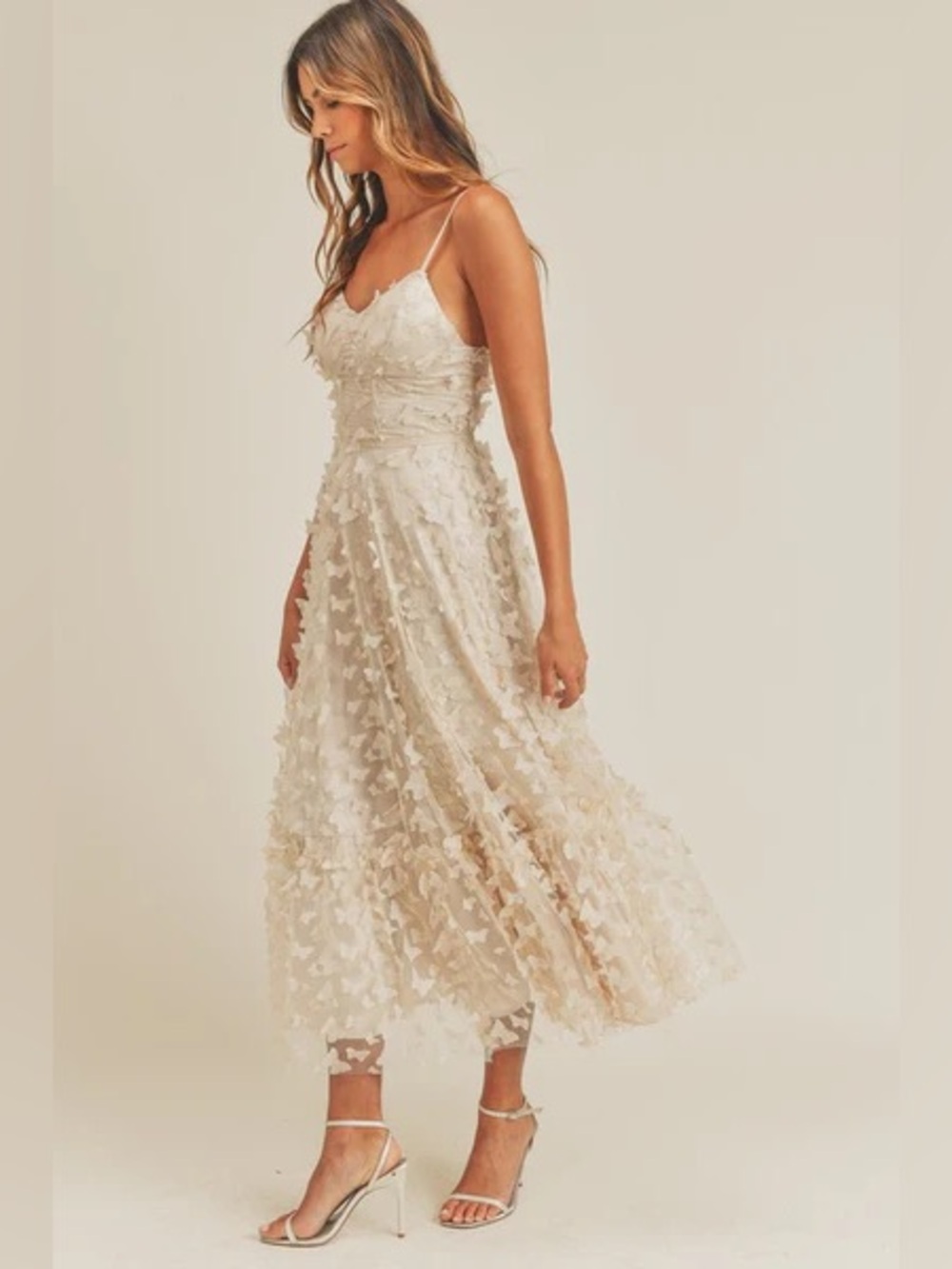 Mable Lace Butterfly Appliqué w Corset Detail | Ivory Midi Dress Size M